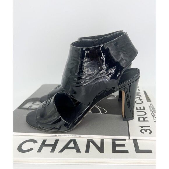 CHANEL Black Patent Leather CC Logo Open Toe Ankle Strap Sandals Size EU… - Picture 7 of 13
